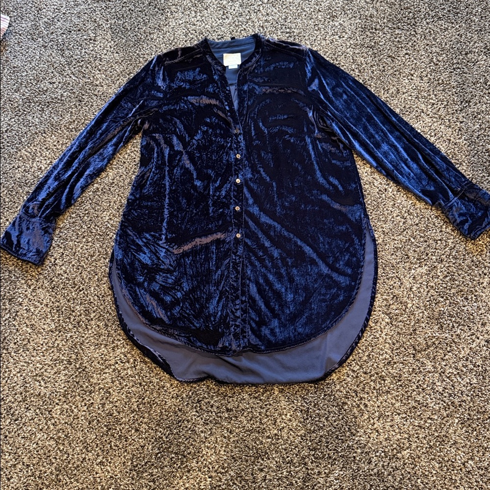 Anthro Maeve Blue Crushed Velvet Long Sleeve Dress
